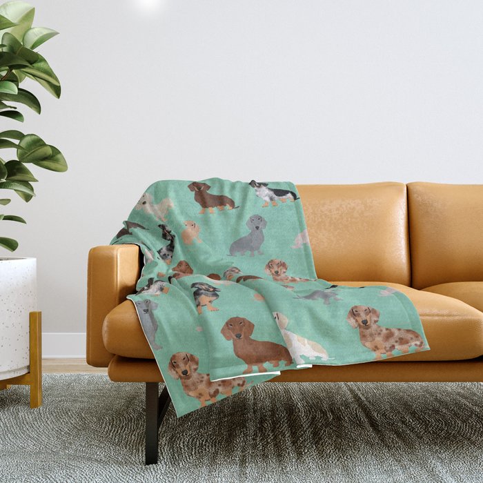 Dachshund dog breed pet pattern doxie coats dapple merle red black and tan Throw Blanket