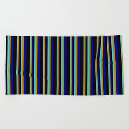 [ Thumbnail: Turquoise, Dark Goldenrod, Dark Blue & Black Colored Stripes Pattern Beach Towel ]