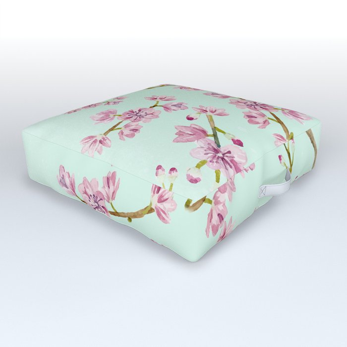 Spring Flowers - Mint and Pink Cherry Blossom Pattern Outdoor Floor Cushion