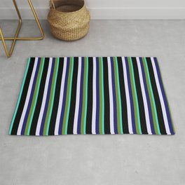 [ Thumbnail: Eye-catching Turquoise, Green, Midnight Blue, Lavender, and Black Colored Striped Pattern Rug ]