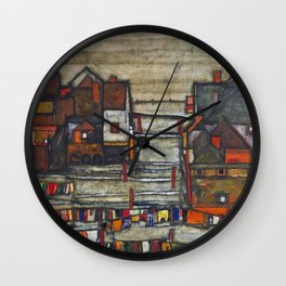 Village Houses with Laundry colorful landscape painting by Egon Schiele Wall Clock