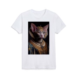 Black King Devon Rex Cat Breed Portrait Royal Renaissance Animal Painting Kids T Shirt
