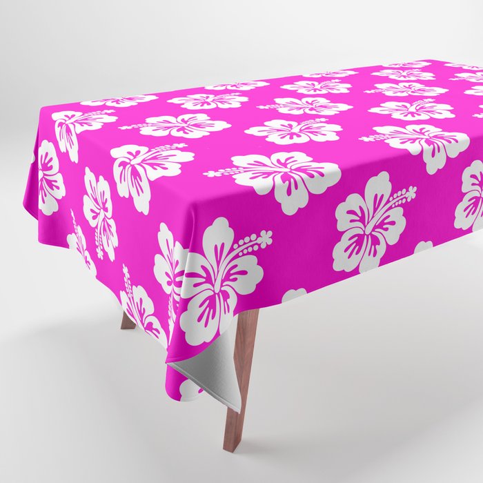 Neon Pink and White Hibiscus Pattern Tablecloth