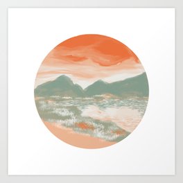 Landscape - Before Sunset Art Print | Sunset, Nature, Lake, Ground, Sky, Grass, Cloud, Landscape, Digital, Brush 