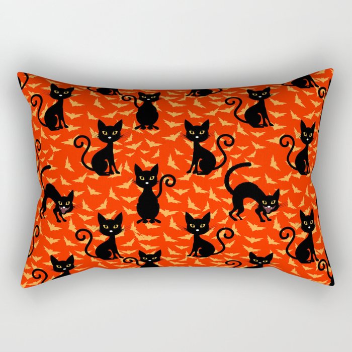 Spooky Black Cat Halloween Orange Bats Rectangular Pillow