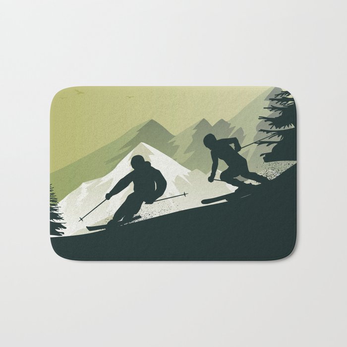 Winter Sport • Best Skiing Design Ever • Green Background Bath Mat