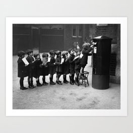 "Post Queue" mail post office box queue of little children waiting in line to mail letters funny humorous black and white photograph - photography - photographs Art Print | Postoffice, Photo, Black, Humorous, Parenthood, And, Parenting, Black And White, Photographs, White 