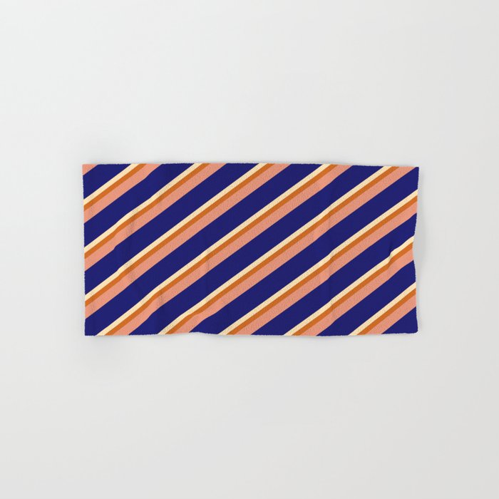 Beige, Chocolate, Dark Salmon, and Midnight Blue Colored Pattern of Stripes Hand & Bath Towel