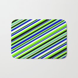 [ Thumbnail: Eyecatching Green, Blue, Mint Cream, Chartreuse, and Black Colored Lined/Striped Pattern Bath Mat ]