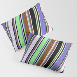 [ Thumbnail: Eyecatching Slate Blue, Brown, Lavender, Black & Green Colored Stripes Pattern Pillow Sham ]