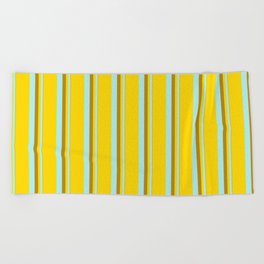[ Thumbnail: Dark Goldenrod, Turquoise & Yellow Colored Striped/Lined Pattern Beach Towel ]