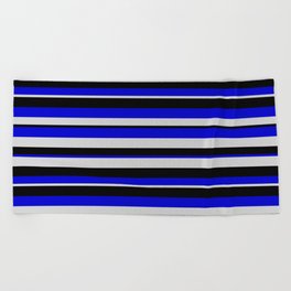 [ Thumbnail: Blue, Light Gray & Black Colored Striped Pattern Beach Towel ]