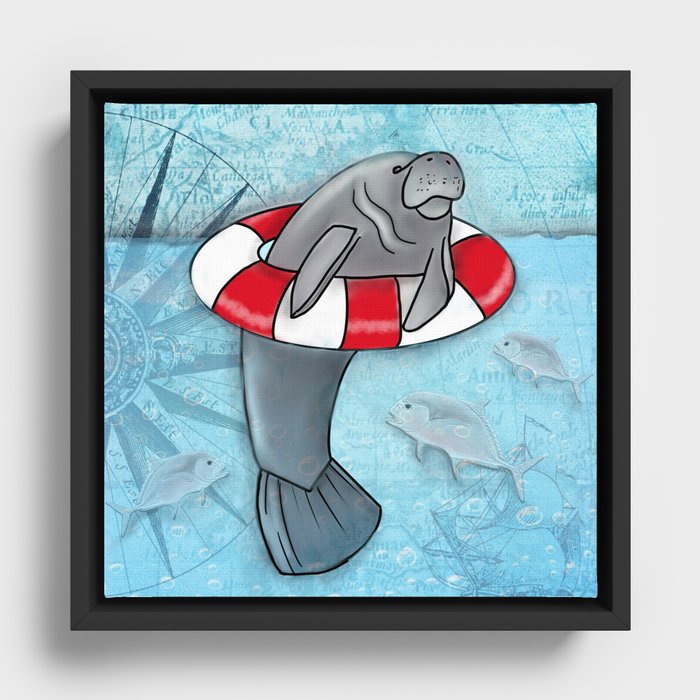 Manatee in a Swim Ring Framed Canvas