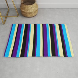 [ Thumbnail: Deep Sky Blue, Indigo, Black, and Pale Goldenrod Colored Pattern of Stripes Rug ]