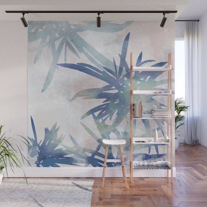 Navy Blue And Blush Pink Palm Leaf Watercolor Painting Wall Mural
