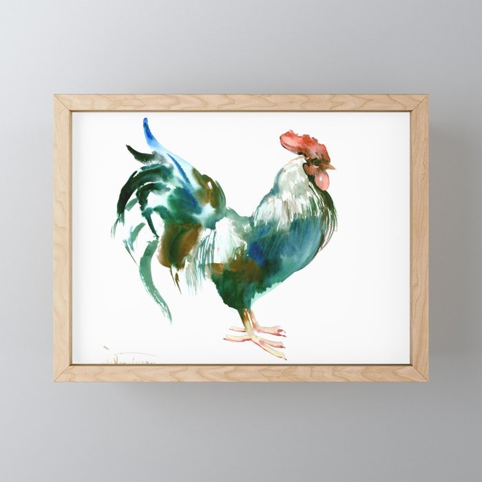 Rooster, Turquoise Blue Brown Kitchen art Framed Mini Art Print