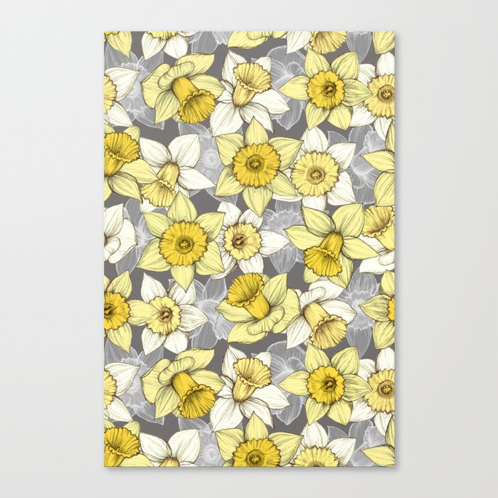 Daffodil Daze - yellow & grey daffodil illustration pattern Canvas Print