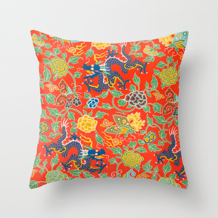 Vibrant Orange Vintage Dragons Pattern Throw Pillow