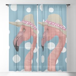 Flamboyant Flamingo on Large Blue Polka Dot Pattern Sheer Curtain