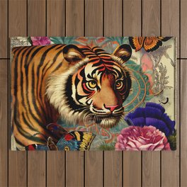 Vintage tiger, flowers and butterflies Outdoor Rug