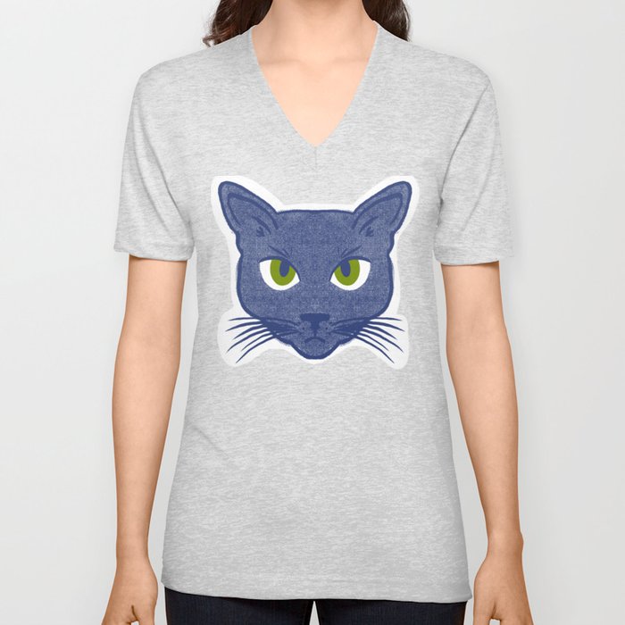 Retro Modern Periwinkle Cat White V Neck T Shirt