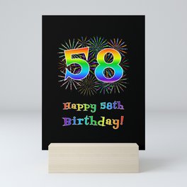 [ Thumbnail: 58th Birthday - Fun Rainbow Spectrum Gradient Pattern Text, Bursting Fireworks Inspired Background Mini Art Print ]