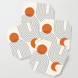 Mid Century Modern Geometric 113 in Navy Blue and Orange (Rainbow and Sun Abstraction) Coaster