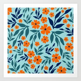 Cheerful Floral Prints, Turquoise, Navy, Teal, Orange Art Print