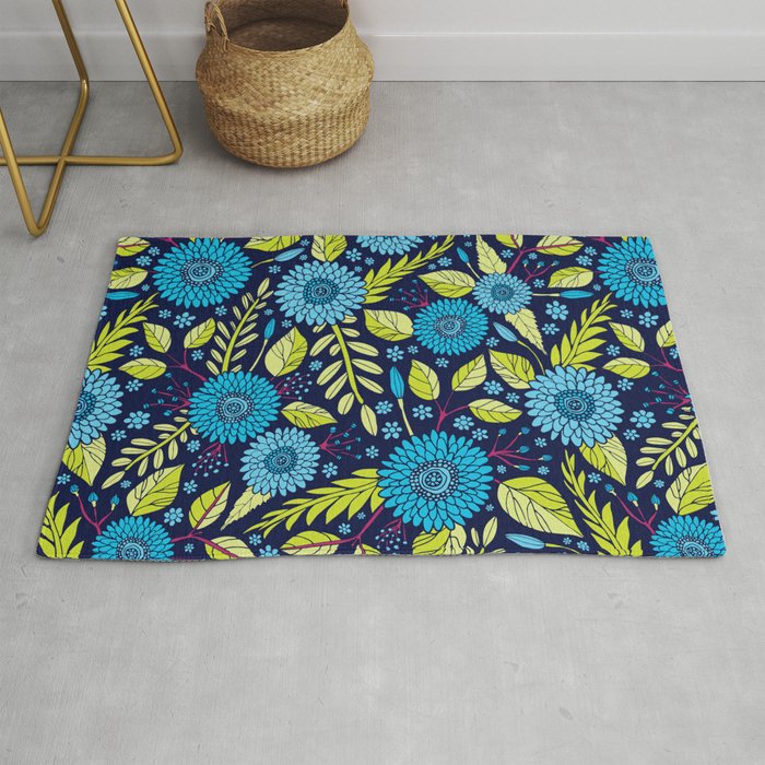 Turquoise Blue, Lime Green, Magenta & Navy Floral Pattern Rug