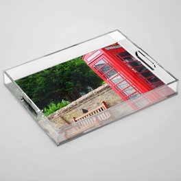 Great Britain Photography - Red Phone Booth By A Wooden Bench Acrylic Tray