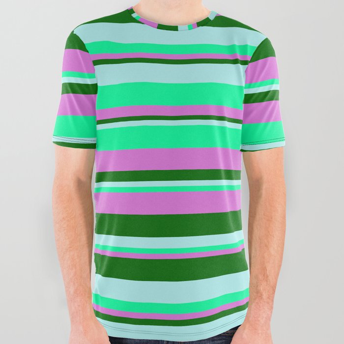 Turquoise, Green, Orchid & Dark Green Colored Striped/Lined Pattern All Over Graphic Tee