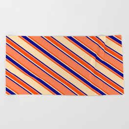 [ Thumbnail: Coral, Red, Tan, and Dark Blue Colored Lines/Stripes Pattern Beach Towel ]