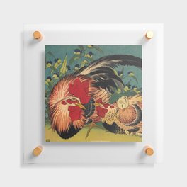 Hokusai, Rooster,Hen and Chicken with Spiderwort Floating Acrylic Print