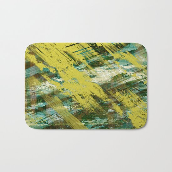 Hidden Meaning - Abstract, oil painting in yellow, green, blue, white and brown Bath Mat