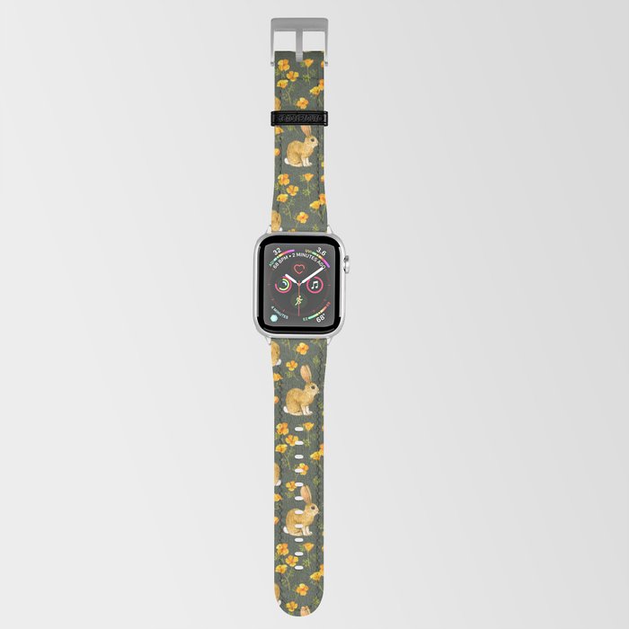 California Poppies and Cottontail Bunnies on Olive Green Apple Watch Band
