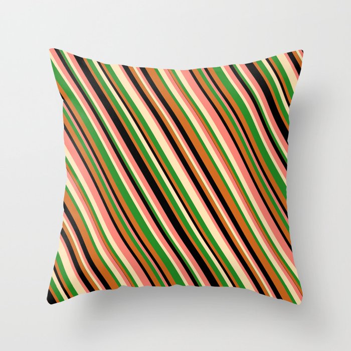 Eye-catching Salmon, Beige, Forest Green, Chocolate, and Black Colored Lines/Stripes Pattern Throw Pillow