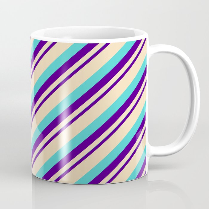 Indigo, Tan, and Turquoise Colored Striped/Lined Pattern Coffee Mug