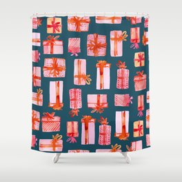 Christmas gift - cute pink xmas watercolor hand painted illustration pattern blue background Shower Curtain