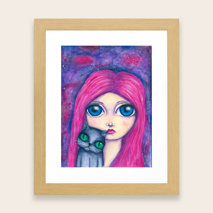 Big Eyes Girl With Pink Hair And Her Cat Compangnon Framed Art