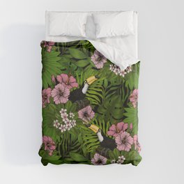 Toucans and tropical flora, green and pink Duvet Cover