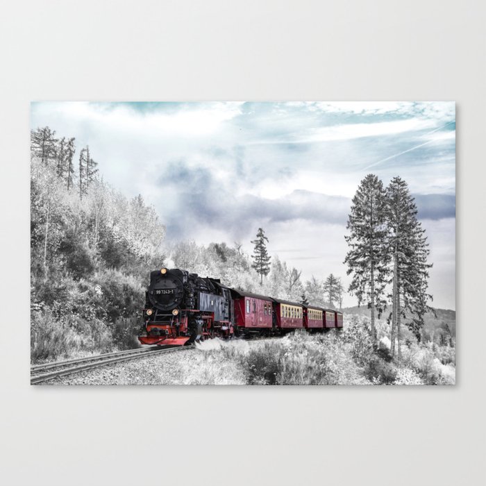 Vintage train,snow,winter art Canvas Print