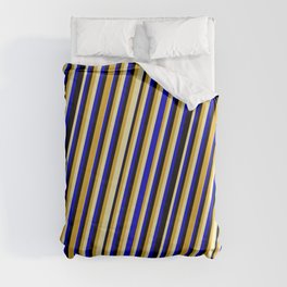 [ Thumbnail: Goldenrod, Pale Goldenrod, Blue & Black Colored Striped Pattern Duvet Cover ]
