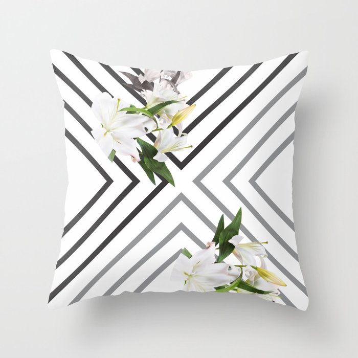 White Flowers & Squares Throw Pillow