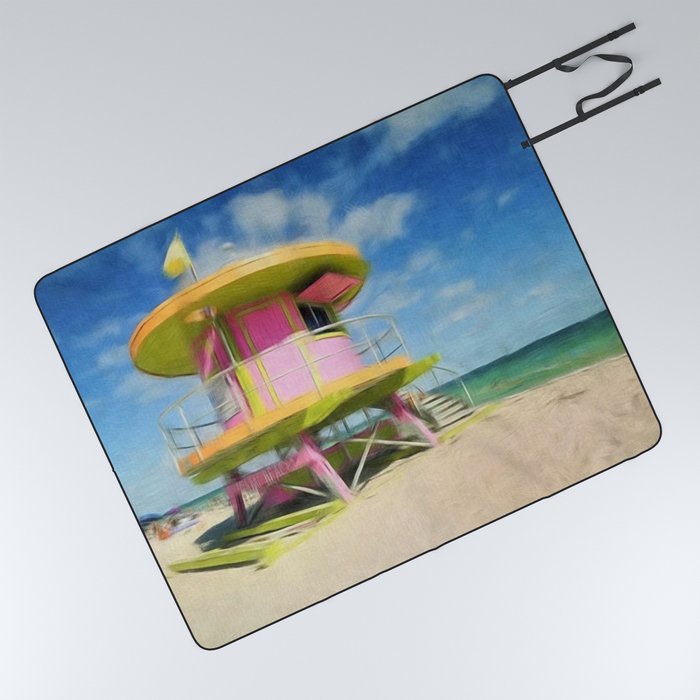 Miami Beach - South Beach lifeguard house art deco pink beach pavilion portrait painting modern art Picnic Blanket