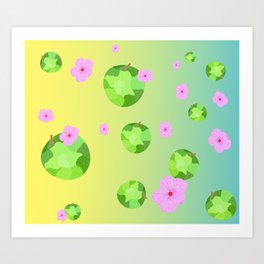 Apple & Flower Art Print | Pink, Sunny, Graphicdesign, Light, Flower, Apple, Skyblue, Yellow, Pastel, Green 