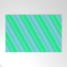 [ Thumbnail: Light Sky Blue and Green Colored Pattern of Stripes Welcome Mat ]