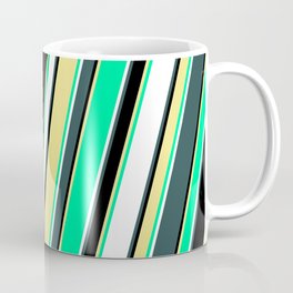 [ Thumbnail: Dark Slate Gray, Black, Tan, Green, and White Colored Lines Pattern Coffee Mug ]