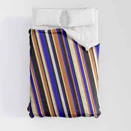 [ Thumbnail: Chocolate, Light Yellow, Black & Blue Colored Lines/Stripes Pattern Comforter ]