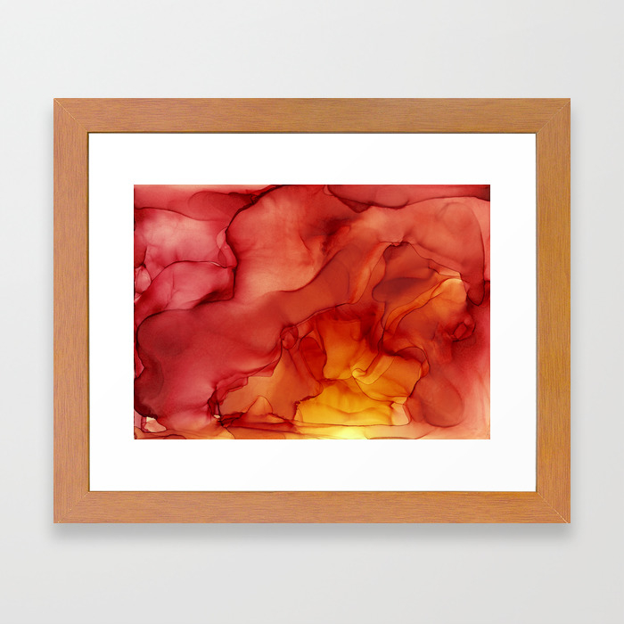 Red Sunset Abstract Ink Painting Red Orange Yellow Flame Framed