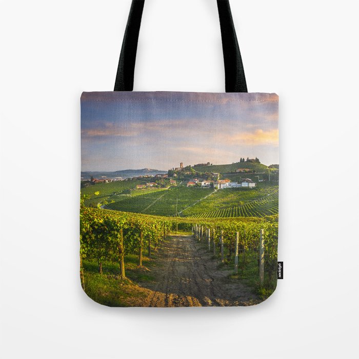 Barbaresco and Vineyards after Sunrise. Langhe, Italy Tote Bag